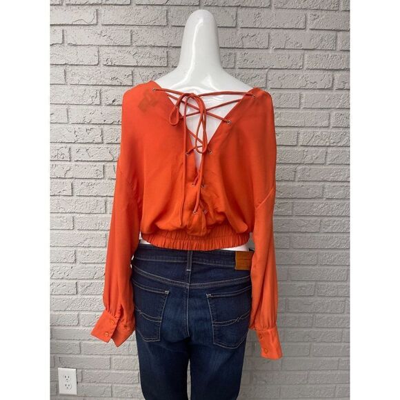 TIMING Orange Lace-Up Back Smocked Waist Blouse Size M - Picture 2 of 7